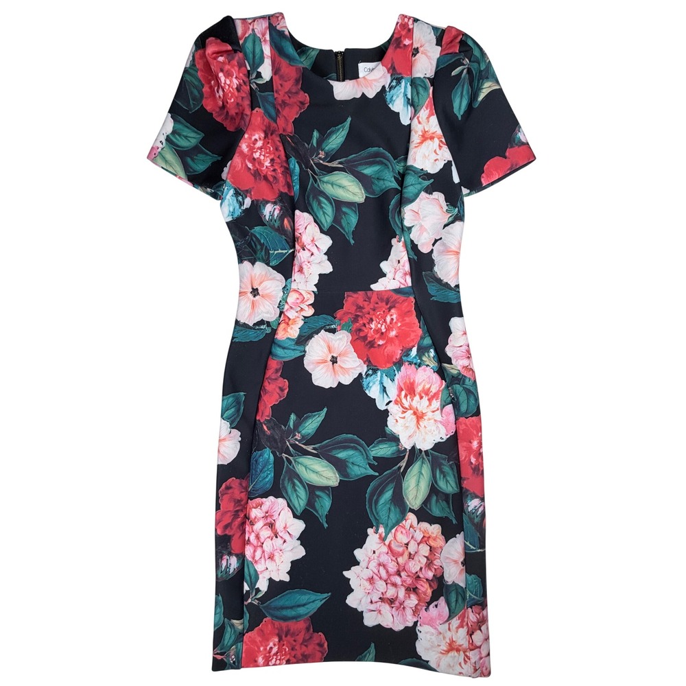 Calvin Klein Floral Sheath Dress Black Pink Red Short Sleeve Scuba Size 4